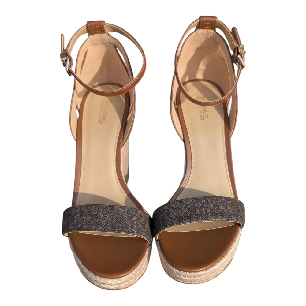 Michael Kors Tan Leather Ankle-Strap Wedge Sandals with Logo Toe Band